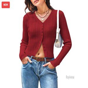 V-Neck Ribbed Knit Crop Cardigan Slim Fitted Y2K Button Down Shirt